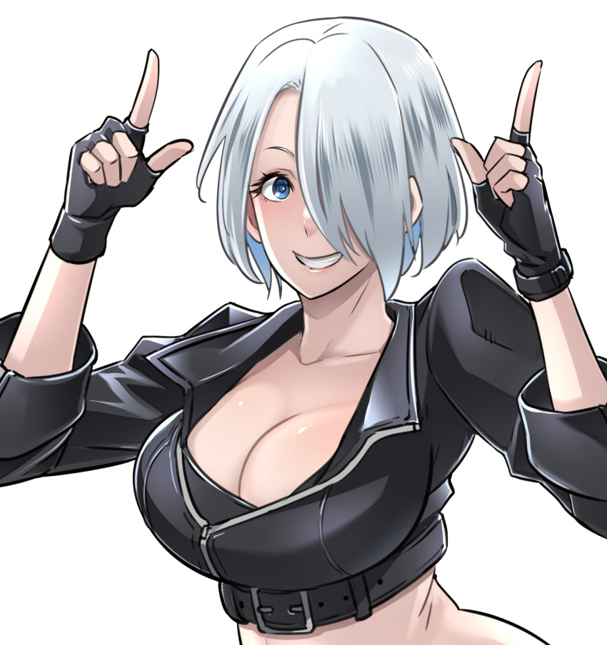 1girl angel_(kof) bangs bra breasts butcha-u close-up cropped_jacket eyebrows_visible_through_hair fingerless_gloves gloves hair_over_one_eye hand_up highres index_finger_raised jacket large_breasts leather looking_at_viewer open_mouth simple_background snk solo the_king_of_fighters the_king_of_fighters_2001 the_king_of_fighters_xiv underwear upper_body white_background
