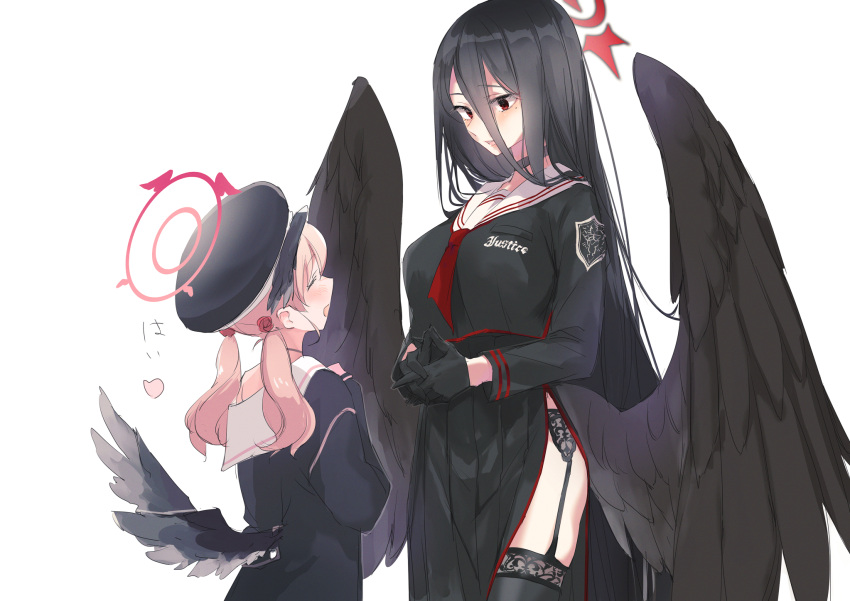 bangs black_choker black_gloves black_headwear black_legwear black_skirt black_wings blue_archive blush breasts choker closed_eyes feathered_wings garter_belt garter_straps gloves halo hasumi_(blue_archive) hat head_wings heart height_difference highres koharu_(blue_archive) kyuuri_(miyako) large_breasts long_hair long_sleeves low_twintails low_wings mole mole_under_eye off_shoulder open_mouth parted_lips pink_hair pleated_skirt red_eyes sailor_collar simple_background skirt thigh-highs twintails very_long_hair white_background white_sailor_collar wings