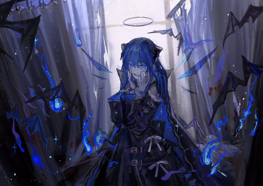 1girl :d arknights bangs bat_wings black_cape black_dress black_sleeves black_wings blood blood_on_face blue_eyes blue_fire blue_hair cape detached_sleeves dress eyebrows_visible_through_hair fang fire gloves hair_between_eyes halo hands_up highres liangban_xiexu long_hair long_sleeves looking_at_viewer mostima_(arknights) sleeveless sleeveless_dress smile solo white_gloves wide_sleeves wings
