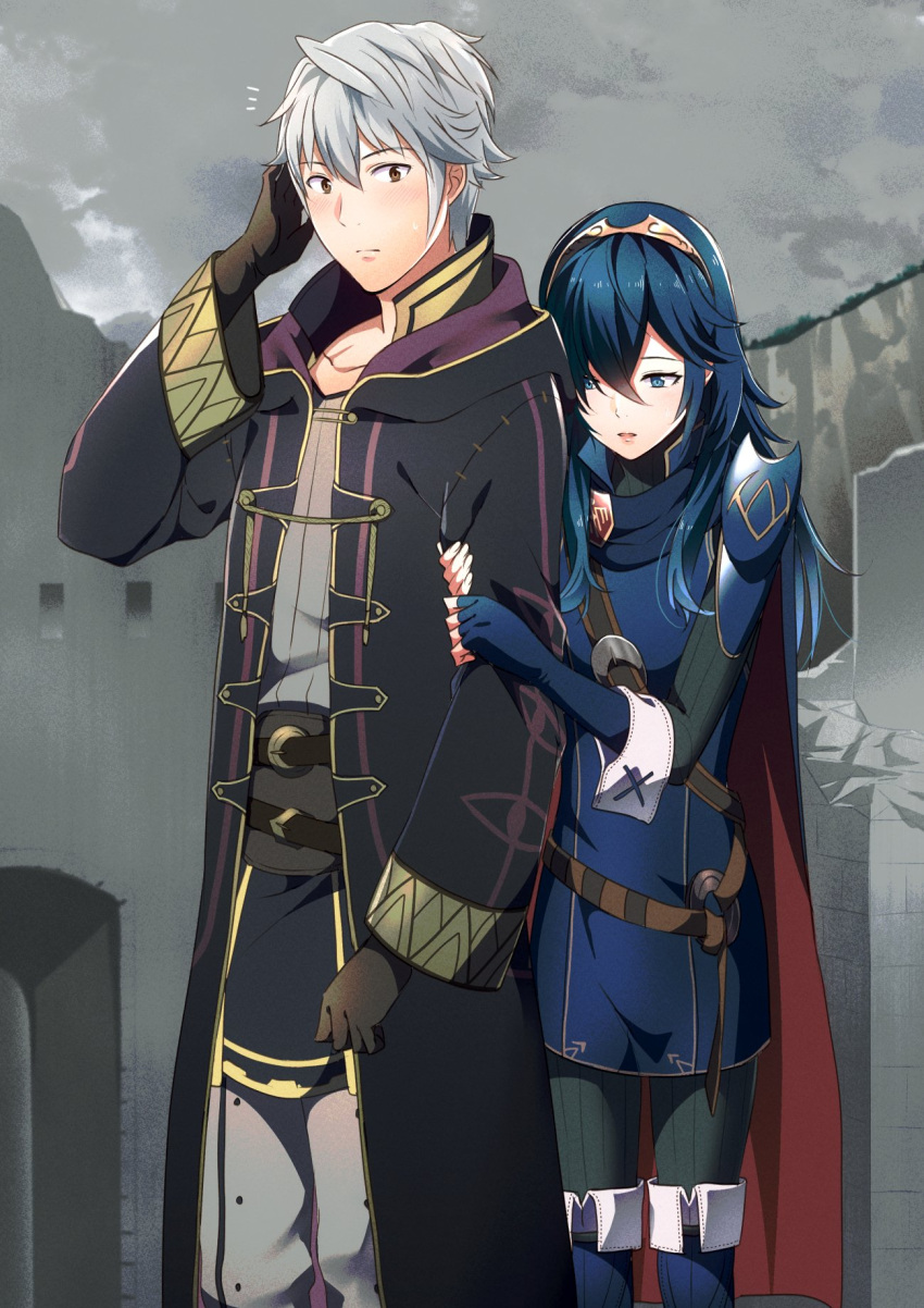 1boy 1girl ameno_(a_meno0) arm_hug armor bangs belt black_gloves black_robe black_sweater blue_cape blue_gloves blue_hair blush brown_belt brown_eyes cape closed_mouth commentary_request eyebrows_visible_through_hair fingerless_gloves fire_emblem fire_emblem_awakening gloves grey_shirt hair_between_eyes hand_on_own_head height_difference highres holding holding_another's_arm hood hood_down hooded_robe hug lips long_hair long_sleeves looking_at_another looking_down looking_to_the_side lucina_(fire_emblem) open_clothes parted_lips pink_lips red_cape ribbed_sweater robe robin_(fire_emblem) robin_(fire_emblem)_(male) shirt short_hair shoulder_armor sweatdrop sweater tiara turtleneck turtleneck_sweater two-tone_cape white_hair