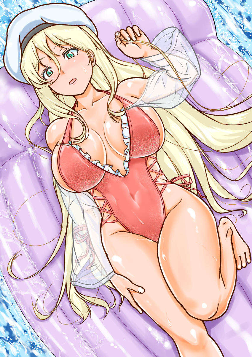 1girl absurdres barefoot beret blonde_hair blue_eyes breasts casual_one-piece_swimsuit commentary_request commission cosplay cowboy_shot from_above hair_between_eyes hat highleg highleg_swimsuit highres inflatable_raft kantai_collection large_breasts long_hair looking_at_viewer mikan_ame_q mole mole_under_eye mole_under_mouth namesake one-piece_swimsuit pink_swimsuit richelieu_(azur_lane) richelieu_(azur_lane)_(cosplay) richelieu_(fleuron_of_the_waves)_(azur_lane) richelieu_(kancolle) side-tie_swimsuit solo swimsuit white_headwear