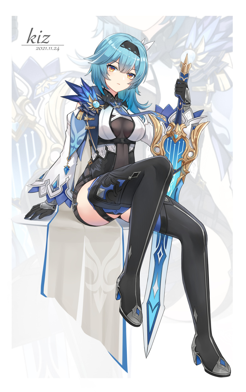 1girl absurdres artist_name asymmetrical_hair blue_hair bodysuit boots breasts closed_mouth dated detached_sleeves eula_(genshin_impact) full_body genshin_impact hair_ornament hairband high_heels highres holding holding_sword holding_weapon kiz_mk looking_at_viewer medium_breasts medium_hair necktie planted planted_sword sitting solo sword thigh-highs thigh_boots thighs weapon yellow_eyes