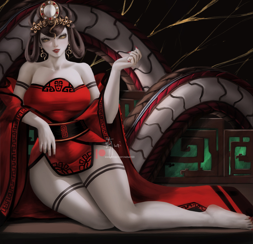 1girl bangs bare_shoulders black_hair breasts chinese_clothes detached_sleeves dress earrings fingernails hair_ornament highres jewelry large_breasts long_hair long_sleeves looking_at_viewer nuwa_(smtv) red_dress sash shin_megami_tensei shin_megami_tensei_v simple_background snake solo thighs wei_(promise_0820) yellow_eyes