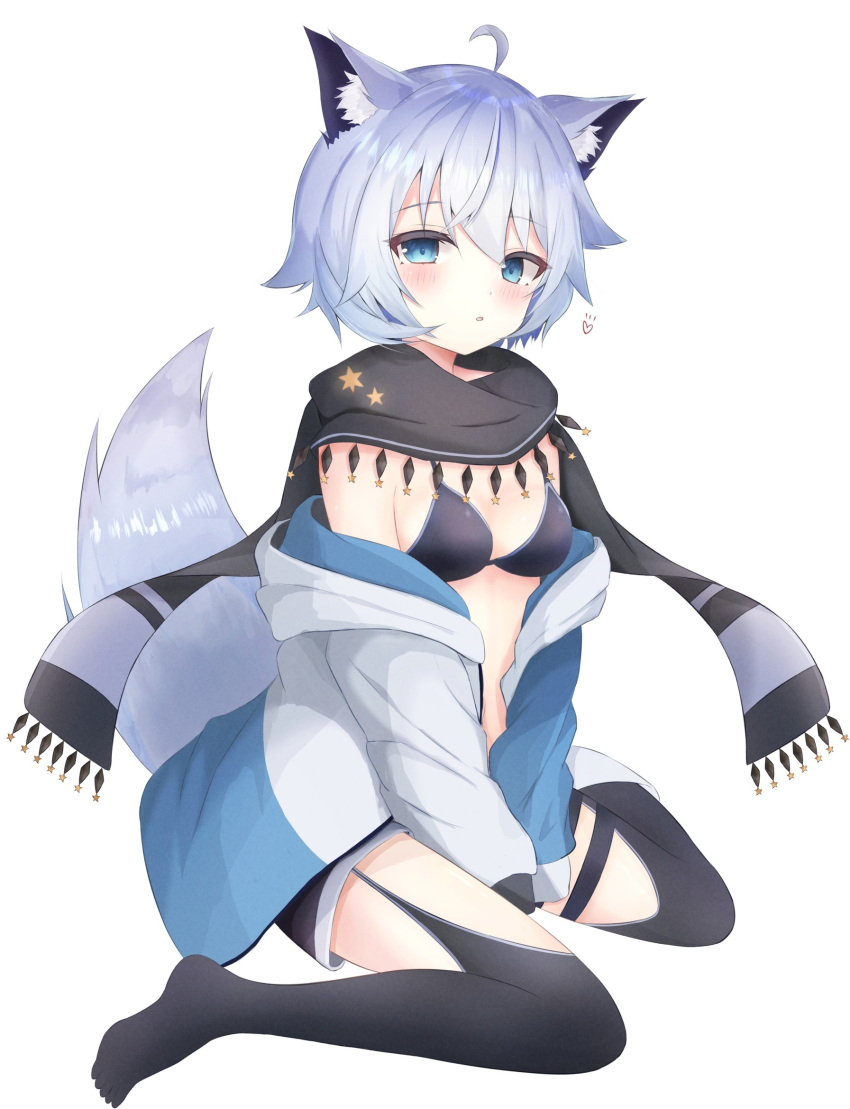 1girl :o ahoge animal_ear_fluff animal_ears bangs between_legs bikini black_bikini black_legwear black_scarf black_shorts blue_eyes blush breasts cat_ears commentary_request eyebrows_visible_through_hair fringe_trim full_body garter_straps grey_hair grey_jacket hair_between_eyes hand_between_legs highres hood hood_down hooded_jacket jacket long_sleeves looking_at_viewer no_shoes off_shoulder open_clothes open_jacket original parted_lips scarf short_shorts shorts simple_background sirotuki_ito sitting small_breasts solo swimsuit tail thigh-highs wariza white_background