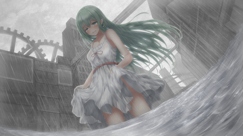 1girl absent absurdres bare_arms bare_shoulders cityscape cowboy_shot crying crying_with_eyes_open dress dutch_angle earrings green_eyes green_hair hatsune_miku highres jewelry long_hair rain sash skirt_hold solo sundress tears vocaloid wading white_dress