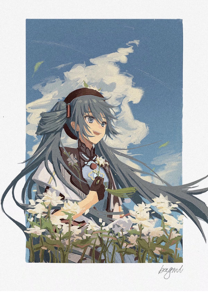 1girl :d alternate_hairstyle aqua_eyes aqua_hair bagml flower gloves hair_rings hat hatsune_miku highres holding holding_flower miku_with_you_(vocaloid) outdoors signature smile solo twintails vocaloid white_flower