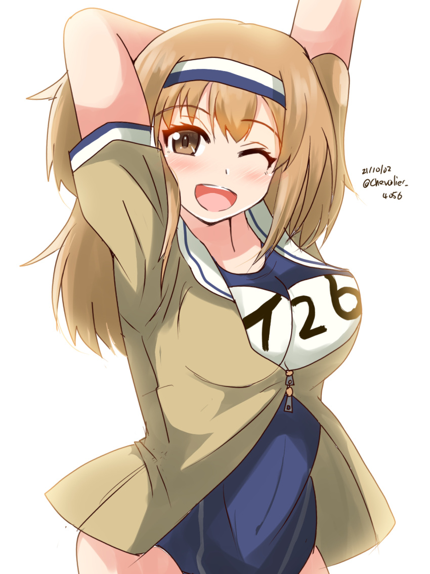 1girl arms_behind_back arms_up blue_swimsuit breasts brown_eyes chevalier_04056 clothes_writing covered_navel dated eyebrows_visible_through_hair green_jacket hair_between_eyes hairband highres i-26_(kancolle) jacket kantai_collection large_breasts light_brown_eyes light_brown_hair long_hair name_tag new_school_swimsuit one-piece_swimsuit one_eye_closed sailor_collar school_swimsuit short_sleeves simple_background solo swimsuit swimsuit_under_clothes twitter_username two-tone_hairband two_side_up white_background