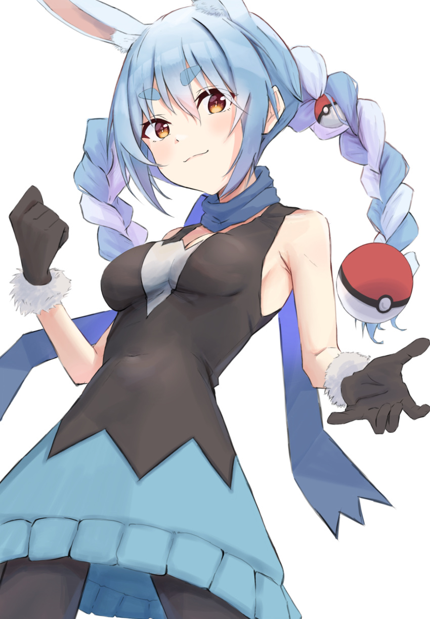 1girl animal_ears bangs blue_hair blue_scarf braid breasts closed_mouth commentary_request cosplay dawn_(pokemon)_(cosplay) eyebrows_visible_through_hair from_below gloves hair_ornament highres hikari_(pokemon) hololive long_hair multicolored_hair naka1379 orange_eyes poke_ball poke_ball_(basic) pokemon rabbit_ears rabbit_girl scarf shirt short_eyebrows skirt sleeveless sleeveless_shirt smile thick_eyebrows twin_braids twintails two-tone_hair usada_pekora virtual_youtuber white_hair