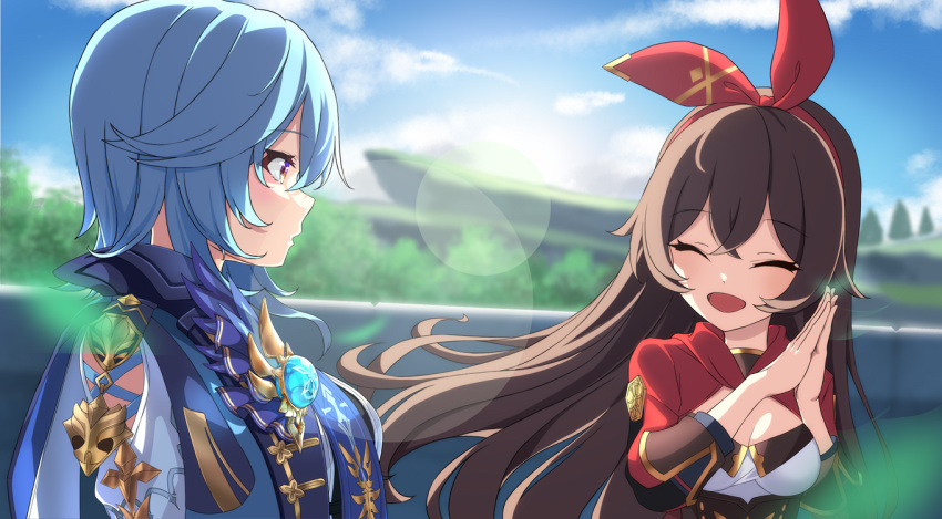 2girls ^_^ ^o^ amber_(genshin_impact) blue_necktie blue_sky closed_eyes clouds eula_(genshin_impact) from_side genshin_impact hairband happy jacket long_hair looking_at_another medium_hair multiple_girls necktie outdoors own_hands_together red_jacket sky smile