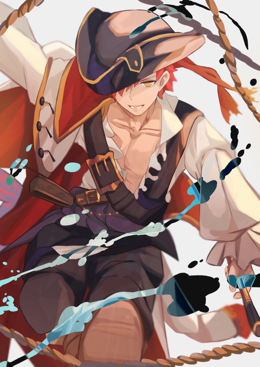 1boy absurdres black_pants boots chest_belt emiya_shirou fate/grand_order fate_(series) hair_over_one_eye hat highres kamigokuin looking_at_viewer male_focus official_alternate_costume one_eye_covered open_mouth pants pectoral_cleavage pectorals pirate pirate_costume pirate_hat redhead senji_muramasa_(fate) shirt short_hair smile solo white_background white_shirt wide_sleeves yellow_eyes