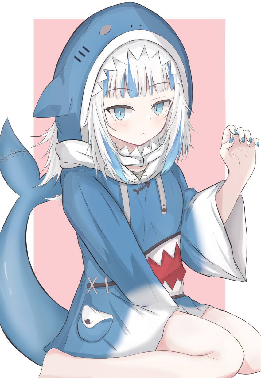 1girl :&lt; absurdres animal_hood bangs between_legs blue_eyes blue_hair blue_hoodie blue_nails blush claw_pose closed_mouth commentary drawstring eyebrows_visible_through_hair fish_tail gawr_gura hand_between_legs hand_up highres hololive hololive_english hood hood_up hoodie long_hair long_sleeves looking_at_viewer multicolored_hair nail_polish pink_background shark_hood shark_tail sirotuki_ito sitting solo streaked_hair tail two-tone_background virtual_youtuber wariza white_background white_hair wide_sleeves