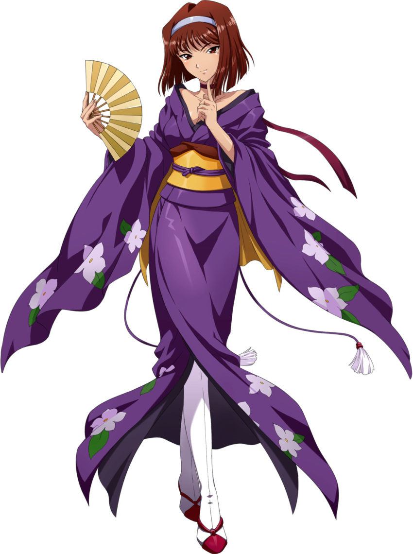 1girl brown_eyes brown_hair choker closed_mouth collarbone female floral_print full_body hairband hand_fan highres holding holding_fan index_finger_raised japanese_clothes kanzaki_sumire kimono long_sleeves looking_at_viewer mole mole_under_eye obi off-shoulder_kimono official_art print_kimono purple_kimono purple_ribbon ribbon ribbon_choker sakura_taisen sash shiny shiny_hair short_hair smile solo standing transparent_background uniform white_footwear white_hairband wide_sleeves