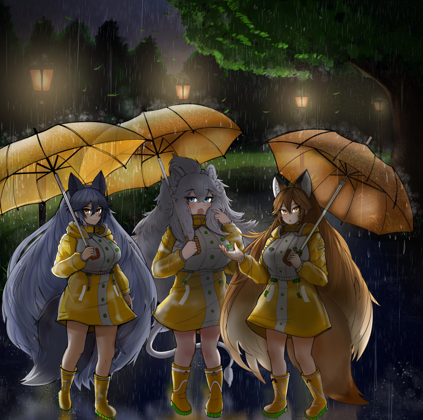 3girls absurdres animal_ears arm_at_side backlighting bangs big_hair blue_eyes blue_hair boots breasts brown_eyes brown_hair buttons closed_mouth commentary drawstring dripping english_commentary extra_ears eyebrows_visible_through_hair ezo_red_fox_(kemono_friends) fox_ears fox_girl fox_tail full_body grey_hair hair_between_eyes hand_up hands_up height_difference highres holding holding_umbrella hood hooded_jacket huge_breasts jacket kemono_friends lamppost large_breasts lion_ears lion_girl lion_tail long_hair long_sleeves looking_at_viewer making-of_available multiple_girls nanoder night open_mouth outdoors over_shoulder parted_lips rain rain_boots raincoat sidelocks silver_fox_(kemono_friends) smile standing tail umbrella very_long_hair walking water white_lion_(kemono_friends) yellow_eyes