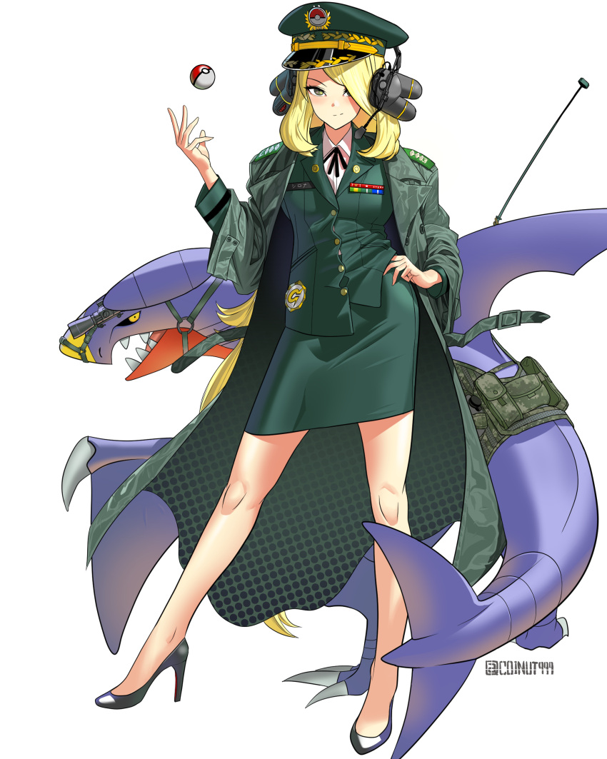 1girl absurdres alternate_costume antennae artist_name blonde_hair camouflage camouflage_jacket choinut999 closed_mouth contrapposto cynthia_(pokemon) full_body garchomp green_jacket green_shirt green_skirt grey_eyes hair_ornament hand_on_hip hat headgear headset high_heels highres jacket korean_commentary legs long_hair looking_at_viewer military military_hat military_jacket military_uniform poke_ball poke_ball_(basic) pokemon pokemon_(game) pokemon_dppt shirt simple_background skirt throwing_poke_ball trench_coat uniform very_long_hair white_background