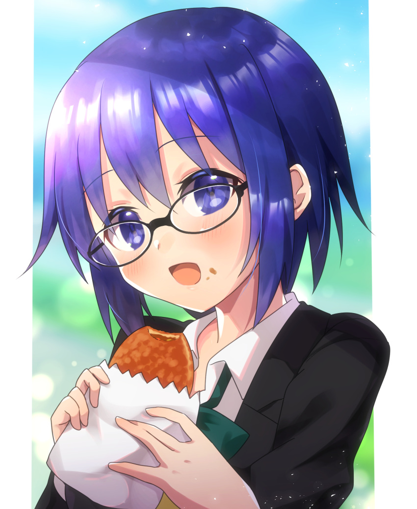 1girl bangs black-framed_eyewear black_jacket blue_eyes blue_hair blush bow bowtie bread ciel_(tsukihime) collared_shirt commentary curry_bread eyebrows_visible_through_hair food food_on_face glasses green_bow green_neckwear hair_between_eyes highres holding holding_food itsuka_neru jacket looking_at_viewer open_clothes open_jacket open_mouth school_uniform shirt short_hair smile solo tongue tsukihime tsukihime_(remake) uniform upper_body vest white_shirt yellow_vest