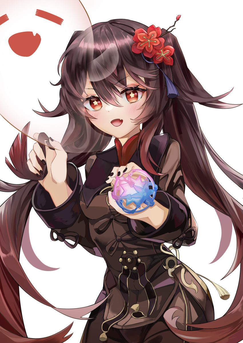 1girl :d =_= absurdres bangs black_nails breasts brown_hair brown_jacket brown_shorts chinese_clothes crossed_bangs dot_nose eyelashes fang flower flower-shaped_pupils genshin_impact ghost hair_between_eyes hair_flower hair_ornament hand_in_hair headwear_removed highres hitodama holding hu_tao_(genshin_impact) jacket long_hair long_sleeves looking_at_viewer medium_breasts nail_polish no_hat no_headwear open_mouth red_flower shiny shiny_hair shorts sidelocks simple_background skin_fang smile solo standing symbol-shaped_pupils tassel two_side_up upper_body white_background