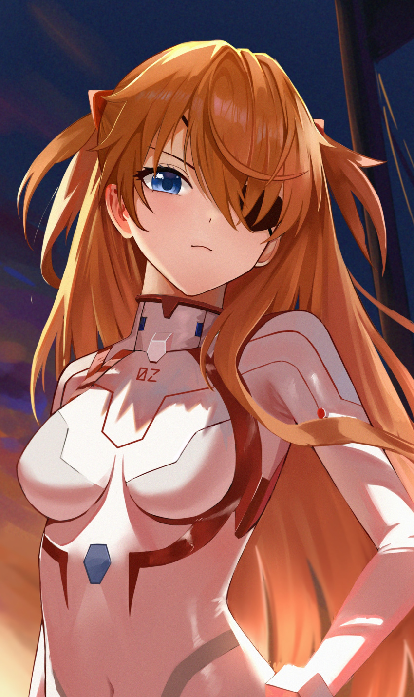 1girl absurdres blue_eyes blush bodysuit breasts closed_mouth covered_navel eyebrows_behind_hair eyepatch gradient_sky highres looking_at_viewer medium_breasts neon_genesis_evangelion one_eye_covered outdoors plugsuit sky smile solo song66 souryuu_asuka_langley two_side_up upper_body v-shaped_eyebrows white_bodysuit
