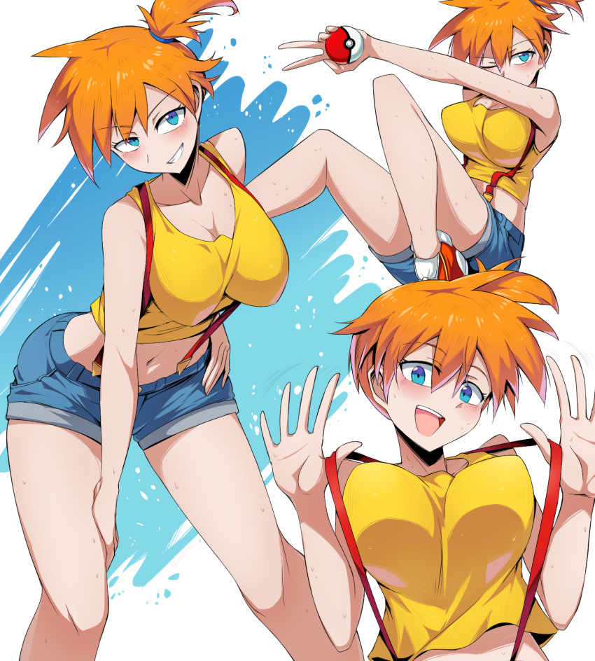 1girl alternate_breast_size bare_legs barefoot blue_eyes breasts collarbone eyebrows_visible_through_hair eyes_visible_through_hair feet_out_of_frame grin hair_between_eyes highres holding large_breasts leaning_forward looking_at_viewer midriff misty_(pokemon) multiple_views naughty_face navel open_mouth outstretched_arm poke_ball pokemon pokemon_(anime) pulled_by_self shimure_(460) shirt short_hair shorts sitting sleeveless sleeveless_shirt smile standing stomach suspenders suspenders_pull sweat upper_body v yellow_shirt