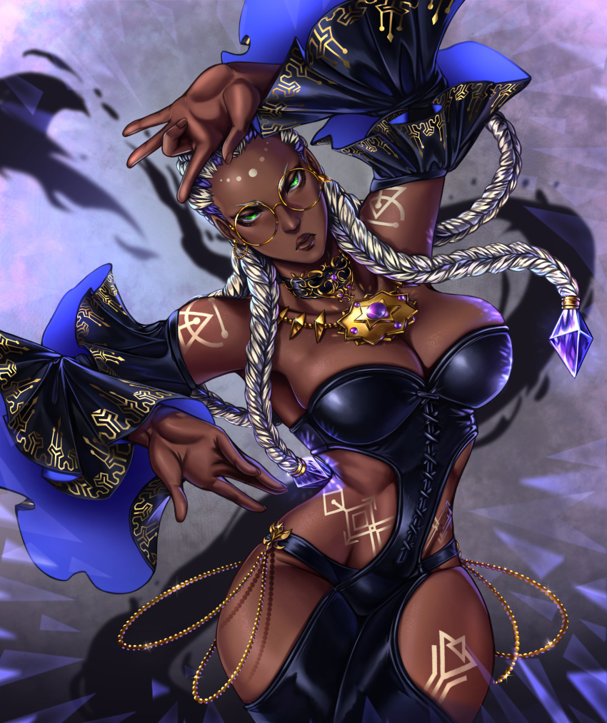 1girl absurdres black_clothes body_markings braid breasts brown_lips clothing_cutout cornrows dark_skin dolores_(kof) green_eyes hairlocs highres jewelry long_hair looking_at_viewer multiple_braids ornament owlkii snk stomach_cutout tan the_king_of_fighters the_king_of_fighters_xv very_dark_skin yellow-framed_eyewear