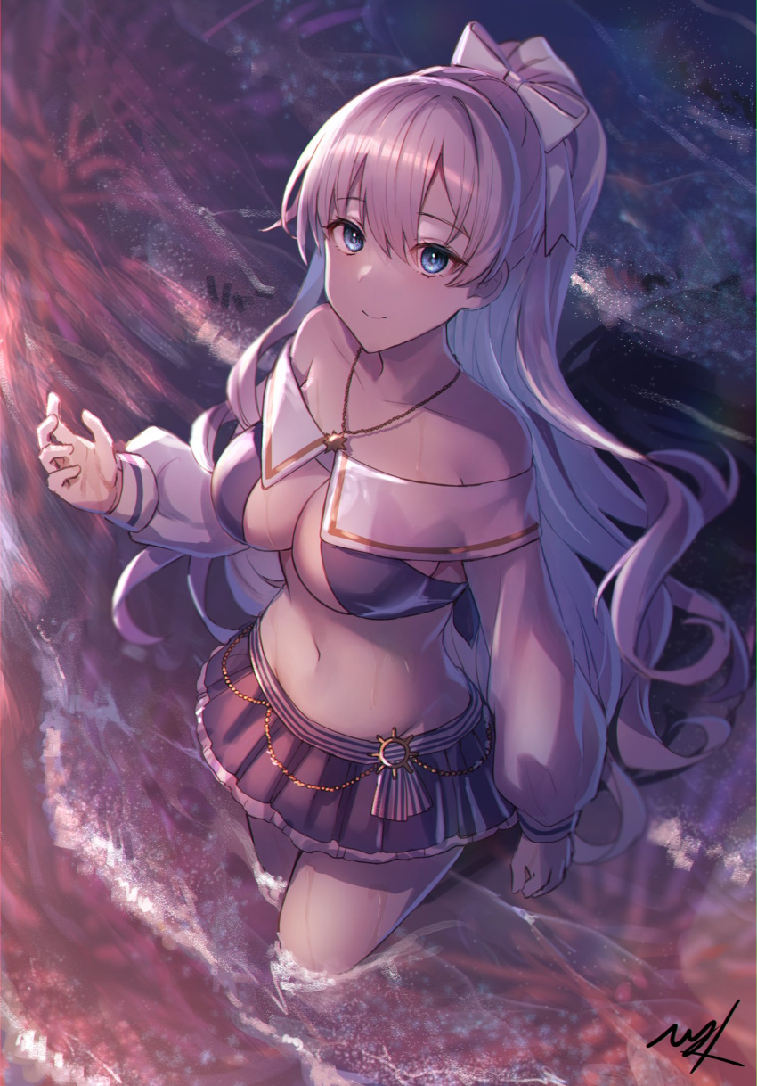 1girl anastasia_(fate) anastasia_(swimsuit_archer)_(fate) bikini bikini_skirt blue_eyes breasts commentary fate/grand_order fate_(series) from_above highres hitomin_(ksws7544) jewelry long_hair ocean pendant ponytail signature silver_hair smile swimsuit wading wet