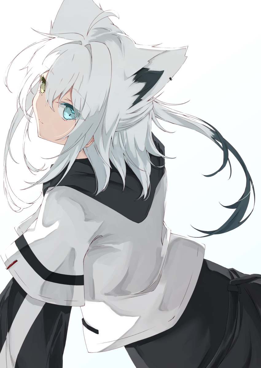1girl animal_ears bangs commentary_request earrings extra_ears eyebrows_visible_through_hair fox_ears fox_girl green_eyes hair_between_eyes heterochromia highres hood hoodie jewelry long_hair looking_at_viewer looking_back original sidelocks simple_background solo sumishi_(sumisi_3) white_background white_hair white_hoodie yellow_eyes