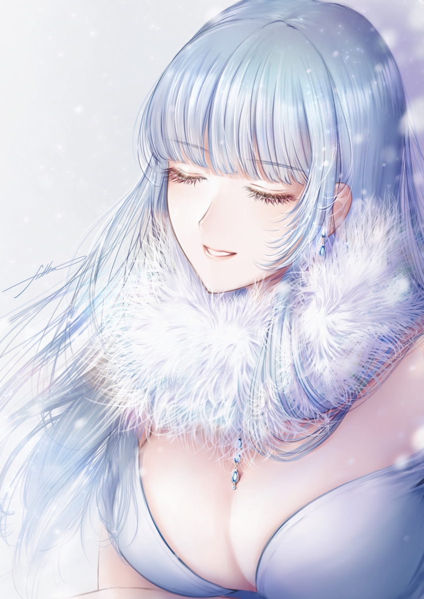 1girl ak-12_(girls'_frontline) bangs blue_theme blunt_bangs breasts closed_eyes earrings eyebrows_visible_through_hair eyelashes filha floating_hair fur_scarf girls_frontline highres jewelry large_breasts lipstick long_hair makeup pendant silver_hair smile snow solo upper_body white_background