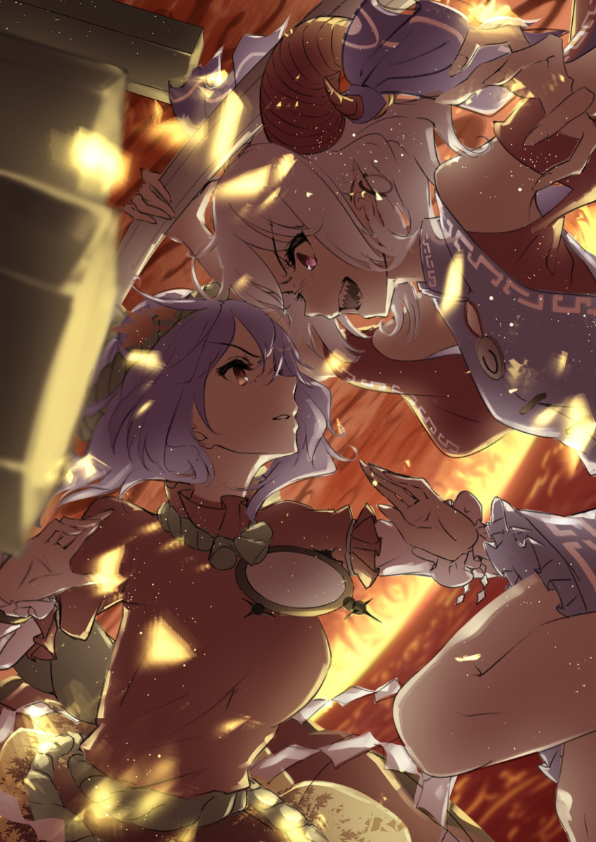 2girls bangs blue_dress blurry blurry_foreground curled_horns detached_sleeves dress eyebrows_visible_through_hair from_side hair_ornament highres holding horns layered_sleeves leaf_hair_ornament long_sleeves looking_at_another mirror multiple_girls onbashira open_mouth otomeza_ryuseigun purple_hair red_eyes red_shirt red_sleeves rope sharp_teeth shide shirt short_hair short_over_long_sleeves short_sleeves teeth touhou toutetsu_yuuma v-shaped_eyebrows white_hair yasaka_kanako