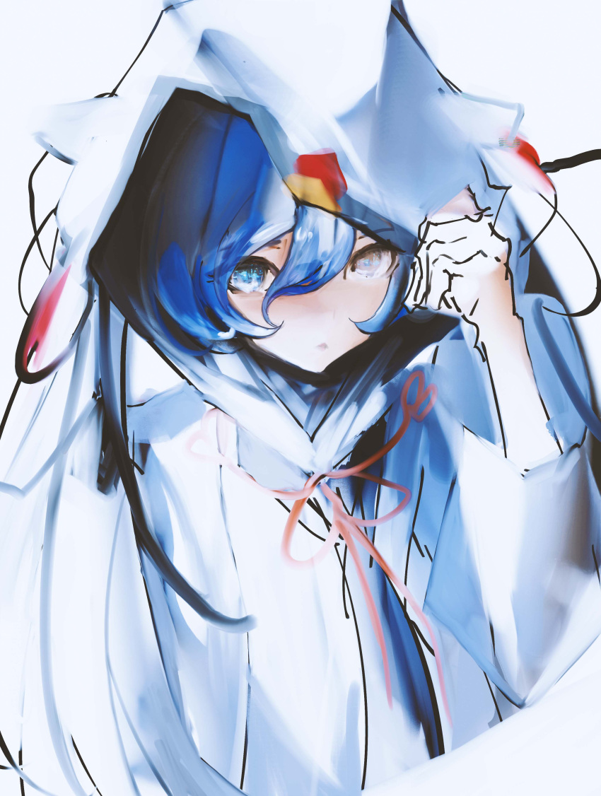 1girl absurdres bangs blue_eyes blue_hair hand_up hatsune_miku highres hood hood_up hooded_kimono houtei9 japanese_clothes kimono long_hair looking_at_viewer parted_lips sketch solo twintails upper_body vocaloid white_background white_hair white_kimono yuki_miku yuki_miku_(2018)