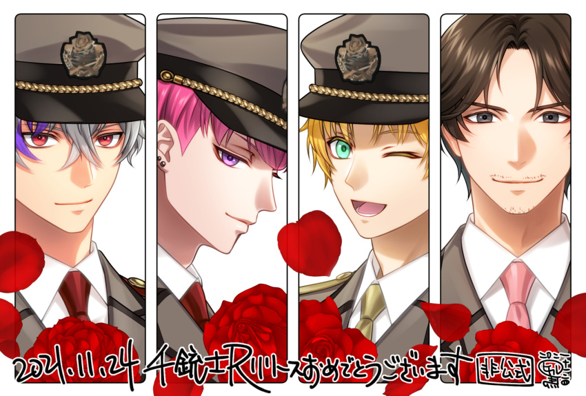 4boys ;d asebi_hikaru black_eyes blonde_hair brown_hair dated earrings facial_hair flower george_(senjuushi_r) green_eyes grey_hair hat jewelry jitte_(senjuushi_r) like_two_(senjuushi_r) looking_at_viewer male_focus marks_(senjuushi_r) military military_hat military_uniform multicolored_hair multiple_boys multiple_earrings one_eye_closed pink_eyes pink_hair red_eyes red_flower red_rose rose senjuushi:_the_thousand_noble_musketeers_rhodoknight senjuushi_(series) short_hair smile streaked_hair stud_earrings uniform violet_eyes