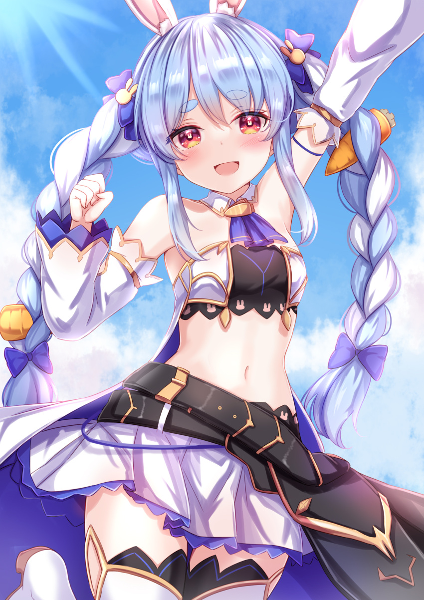 1girl :d animal_ears arm_up ascot bare_shoulders blue_ascot blue_bow blue_hair blush boots bow braid bunny-shaped_pupils bunny_hair_ornament cape carrot_hair_ornament commentary_request crop_top detached_collar detached_sleeves food-themed_hair_ornament hair_bow hair_ornament highres hololive long_hair long_sleeves looking_at_viewer midriff multicolored_hair navel open_mouth rabbit_ears red_eyes short_eyebrows skirt smile solo symbol-shaped_pupils thick_eyebrows thigh-highs thigh_boots twin_braids twintails two-tone_hair usada_pekora virtual_youtuber white_cape white_footwear white_legwear white_skirt yuano
