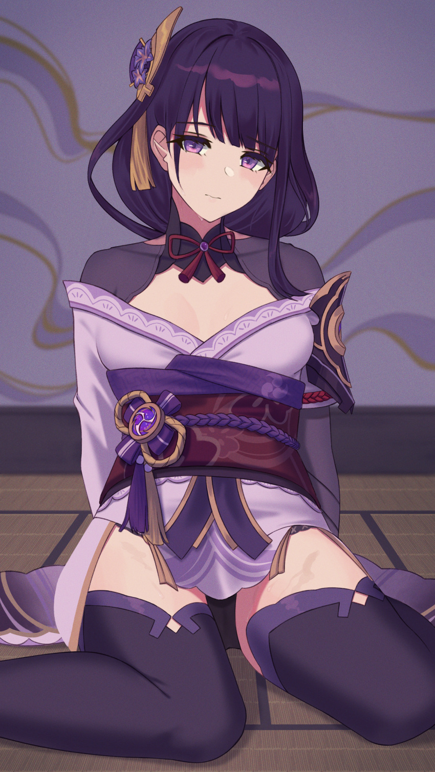 1girl 3: absurdres bangs blunt_bangs blurry blush breasts closed_mouth depth_of_field genshin_impact hair_ornament highres indoors japanese_clothes kimono korean_commentary long_hair medium_breasts obi pelvic_curtain purple_hair purple_legwear raiden_shogun sash short_kimono sitting solo tatami thigh-highs violet_eyes wariza wet ziddol