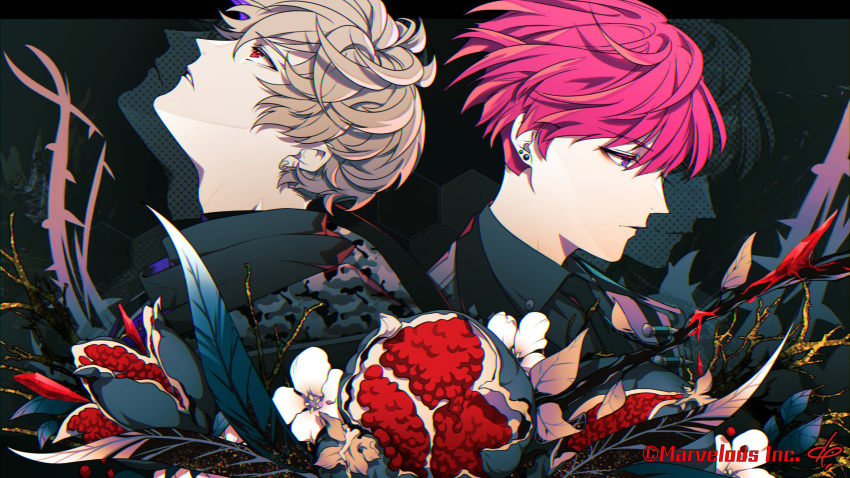2boys absurdres adam's_apple back-to-back branch camouflage camouflage_jacket domco earrings flower from_side grey_hair highres jacket jewelry leaf like_two_(senjuushi_r) looking_down looking_up male_focus marks_(senjuushi_r) multiple_boys multiple_earrings official_art pink_hair red_eyes senjuushi:_the_thousand_noble_musketeers_rhodoknight senjuushi_(series) short_hair stud_earrings thorns undercut violet_eyes white_flower wind wind_lift