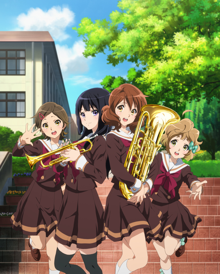 4girls ahoge bangs black_hair black_legwear blue_sky bow brown_coat brown_eyes brown_hair brown_shirt building buttons coat curtains day double-breasted euphonium hair_between_eyes hair_bow hair_ornament hairclip hibike!_euphonium highres holding holding_instrument instrument katou_hazuki kawashima_sapphire kitauji_high_school_uniform kneehighs kousaka_reina long_hair long_sleeves looking_at_viewer multiple_girls official_art open_mouth oumae_kumiko outdoors parted_bangs polka_dot sailor_collar school_uniform serafuku shirt short_hair sky smile stairs standing standing_on_one_leg teeth thigh-highs tree trumpet upper_teeth violet_eyes white_background white_sailor_collar window