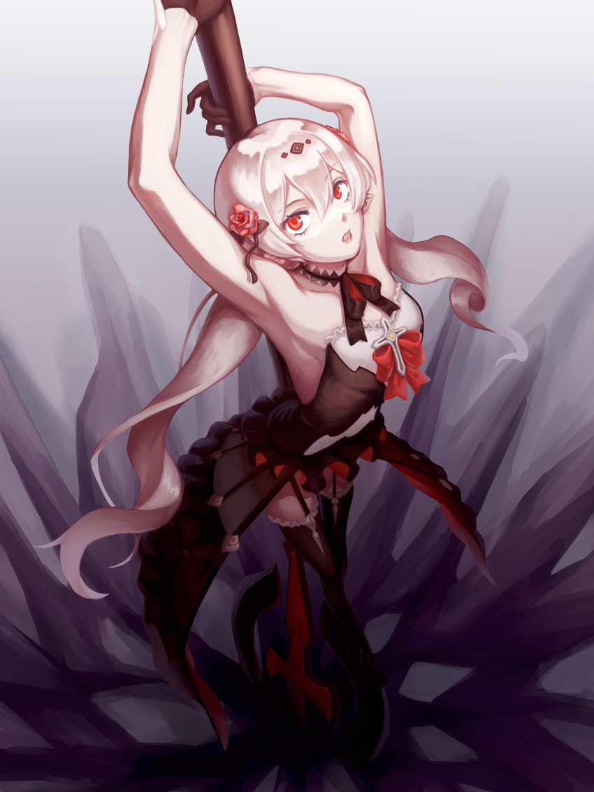 1girl absurdres armpits arms_behind_head arms_up axe bangs black_dress black_footwear black_gloves boots cracked_floor dress flower full_body gloves hair_flower hair_ornament highres holding holding_axe honkai_(series) honkai_impact_3rd long_hair looking_at_viewer open_mouth red_eyes red_flower red_rose rose silvercat2337 sleeveless sleeveless_dress solo theresa_apocalypse theresa_apocalypse_(luna_kindred) thigh-highs thigh_boots twintails white_hair