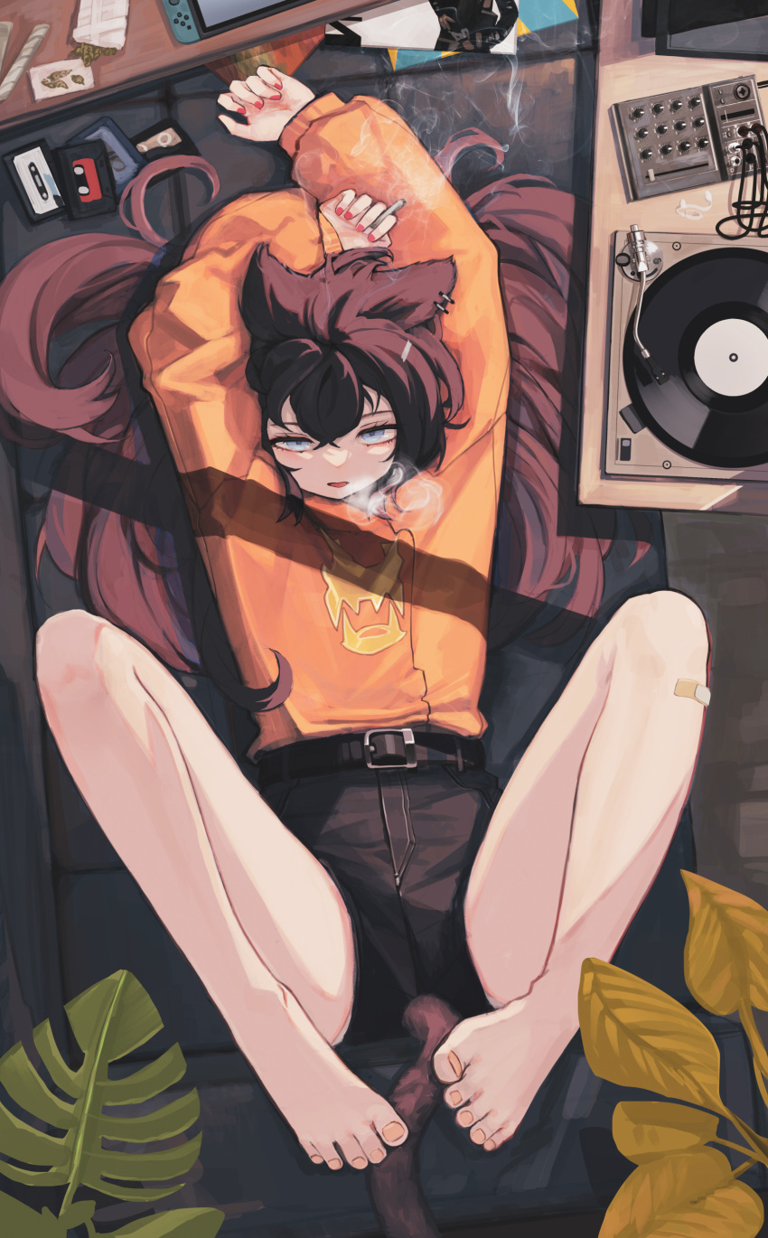 1girl absurdres animal_ears arms_up bandaid bandaid_on_leg bare_legs barefoot belt belt_buckle blue_eyes brown_hair brown_shorts buckle cassette_tape cat_ears cat_girl cat_tail commentary ear_piercing full_body highres joint_(drug) leaf long_hair long_sleeves looking_at_viewer lying marijuana nintendo_switch on_back orange_sweater original parted_lips phonograph piercing red_nails shade shorts smoke solo sweater tail timitarcat toes