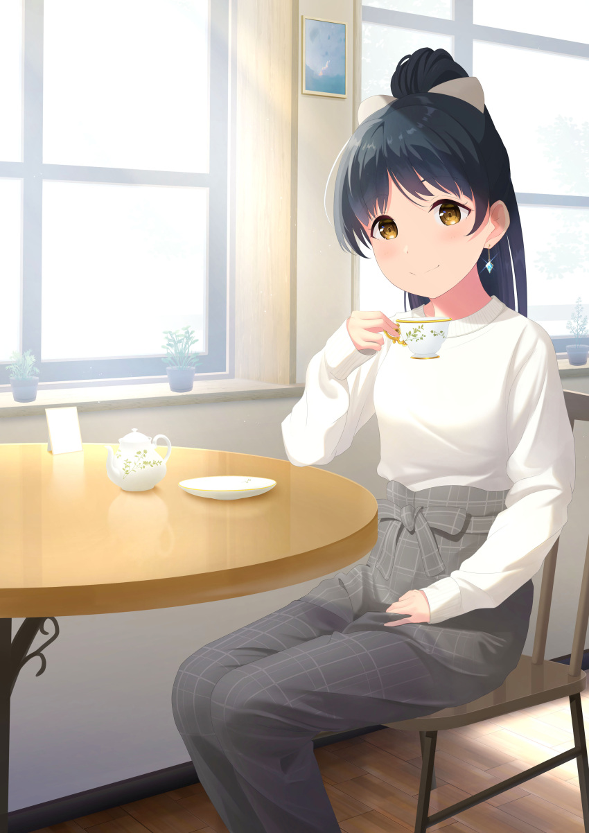 1girl absurdres bangs black_hair blush chair cup earrings grey_pants hair_ribbon hazuki_ren highres holding holding_cup indoors jewelry long_hair looking_at_viewer love_live! love_live!_superstar!! mug1_kun pants picture_frame plaid plaid_pants plant ponytail potted_plant ribbon sitting smile solo sweater table teacup teapot white_ribbon white_sweater window wooden_floor yellow_eyes