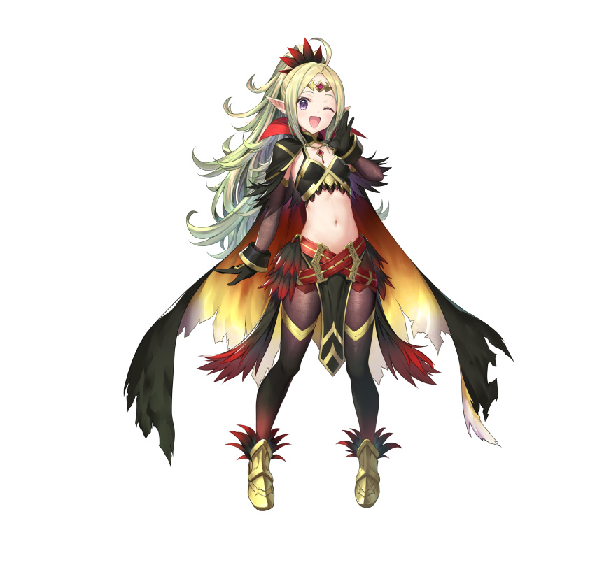 1girl absurdres ahoge alternate_costume bangs belt black_gloves blonde_hair blush cape commentary_request feather_trim feathers fire_emblem fire_emblem_awakening fire_emblem_heroes flat_chest gloves gold_trim gradient gradient_clothes gradient_hair green_hair highres jewelry kousei_horiguchi long_hair looking_at_viewer manakete midriff multicolored_hair multiple_belts navel nowi_(fire_emblem) official_art one_eye_closed open_mouth pantyhose parted_bangs pelvic_curtain pointy_ears ponytail simple_background smile stomach tiara tied_hair violet_eyes white_background