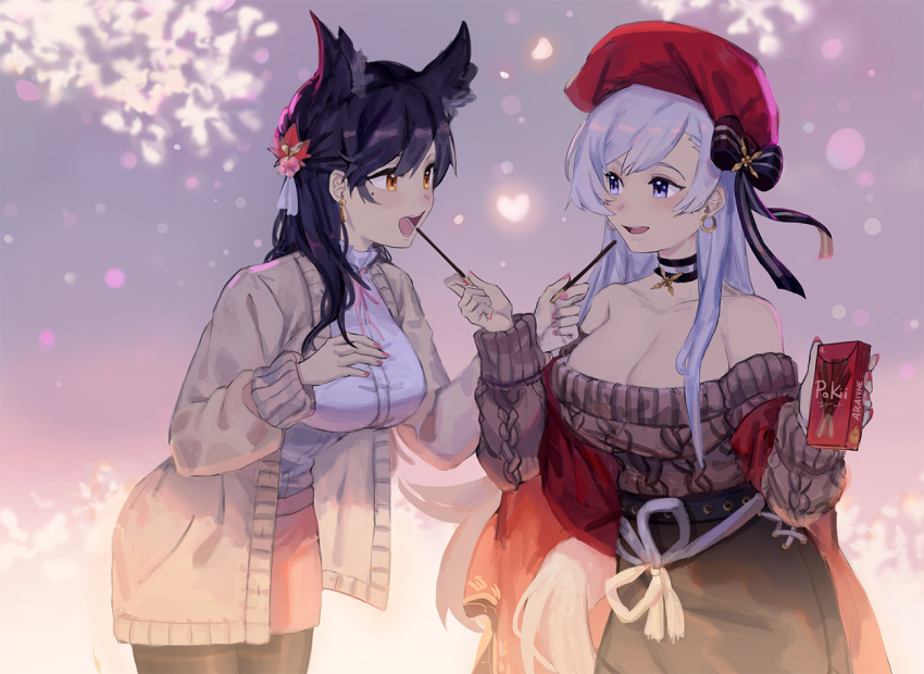 2girls animal_ears araiyme atago_(azur_lane) azur_lane bare_shoulders belfast_(azur_lane) belfast_(shopping_with_the_head_maid)_(azur_lane) choker cowboy_shot dog_ears extra_ears food hair_ornament hat long_hair multiple_girls official_alternate_costume open_mouth pantyhose pocky pocky_day product_placement sharing_food skirt sweater