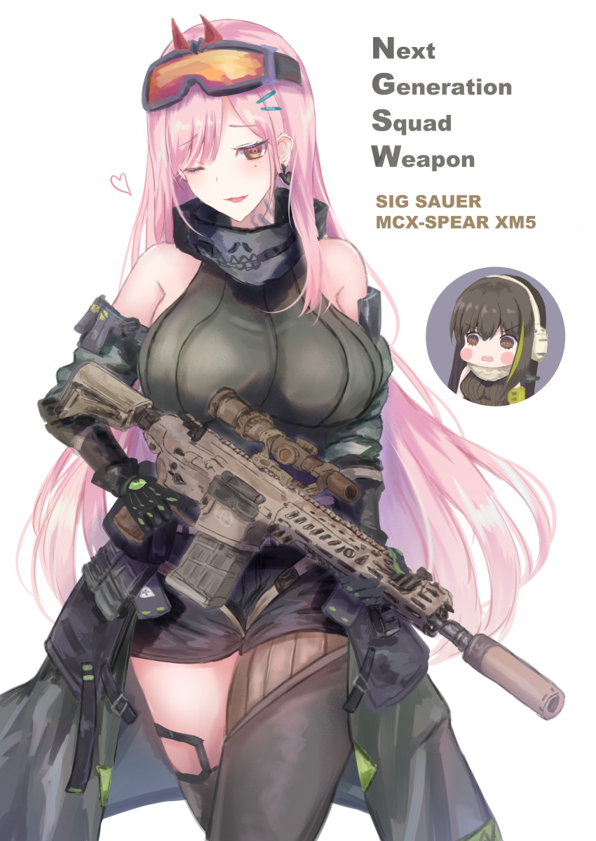 1girl absurdres assault_rifle asymmetrical_legwear bangs breasts brown_hair chibi earrings eyewear_on_head girls_frontline gun hair_ornament highres jewelry large_breasts long_hair looking_at_viewer m4a1_(girls'_frontline) martinreaction mask mask_around_neck mole mole_under_eye multicolored_hair neck_tattoo non-web_source one_eye_closed open_mouth pink_eyes pink_hair rifle scarf shorts sig_mcx_(girls'_frontline) sig_sauer_mcx sleeveless sleeveless_sweater streaked_hair sweater tattoo weapon
