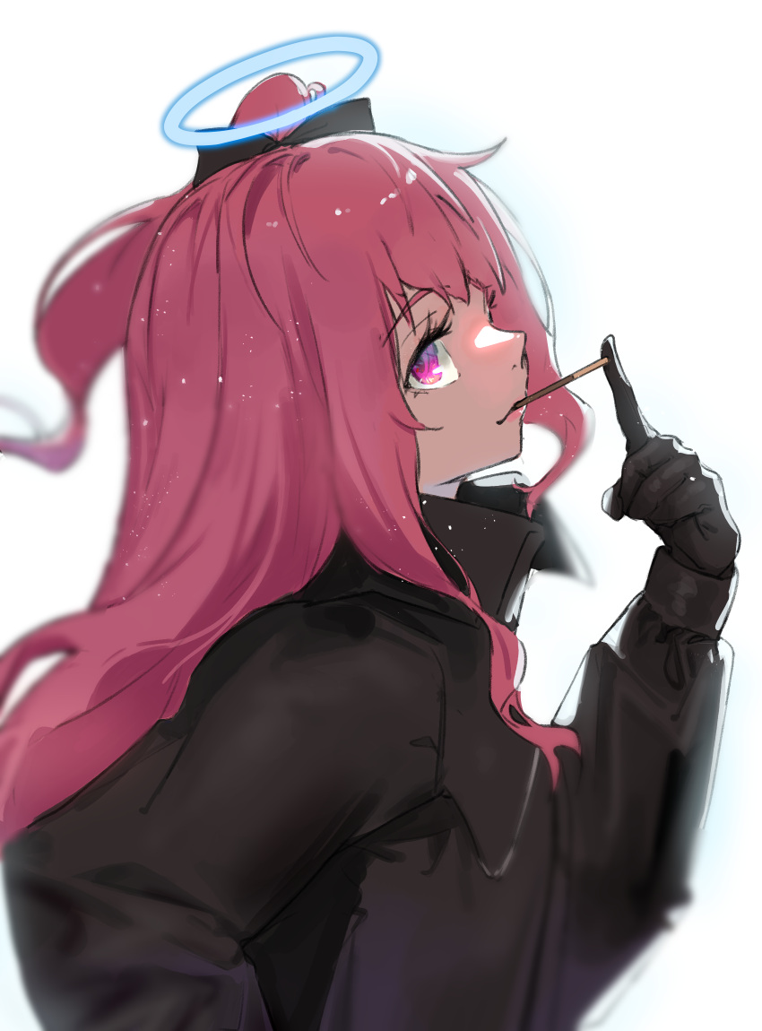 1girl ambriel_(arknights) arknights black_gloves black_jacket blurry commentary depth_of_field eyelashes food food_in_mouth from_side gloves halo highres jacket lips long_hair looking_at_viewer mare_funo mouth_hold pink_eyes pink_hair pocky profile simple_background smile solo upper_body white_background