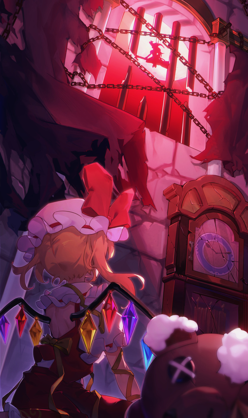 1girl arm_ribbon back_cutout bars blonde_hair broom chain chinese_commentary clock clothing_cutout commentary crack crystal curtains flandre_scarlet from_behind grandfather_clock hat highres indoors kirisame_marisa ling_huanxiang mob_cap red_skirt red_vest ribbon shirt short_hair_with_long_locks short_sleeves side_ponytail silhouette sitting skirt solo_focus stuffed_animal stuffed_toy stuffing teddy_bear touhou upper_body vest white_headwear white_shirt wings yellow_ribbon
