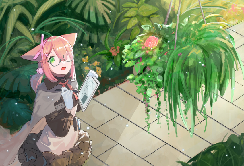 1girl animal_ears arknights black_skirt breasts cat_ears clipboard commentary cowboy_shot frilled_skirt frills from_above glasses gloves green_eyes greenhouse grey_cloak hair_between_eyes hair_bobbles hair_ornament hair_over_one_eye hairband hanging_plant highres holding holding_clipboard holding_pen id_card light_particles mare_funo medium_breasts medium_hair miniskirt myrrh_(arknights) neck_ribbon open_mouth pen pink_hair pink_neckwear pink_ribbon plant ponytail ribbon round_eyewear semi-rimless_eyewear shirt skirt small_breasts smile solo standing tile_floor tiles white_gloves white_shirt