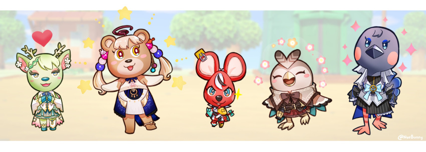 5girls absurdres animal_crossing animalization antlers bear bird blush_stickers cape ceres_fauna crow deer flower_(symbol) hakos_baelz heart highres hololive hololive_english mouse multiple_girls nanashi_mumei nuebunny ouro_kronii owl parody skirt sparkle star_(symbol) style_parody tsukumo_sana twintails twitter_username virtual_youtuber