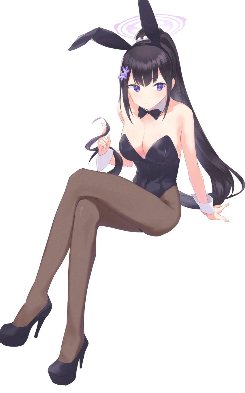 1girl alternate_costume animal_ears bangs black_footwear black_hair black_legwear black_leotard blue_archive breasts closed_mouth crossed_legs detached_collar fake_animal_ears flower hair_flower hair_ornament hair_scrunchie halo high_heels highres holding holding_hair invisible_chair kyuuri_(miyako) leotard long_hair medium_breasts playboy_bunny purple_flower rabbit_ears scrunchie simple_background sitting solo sumire_(blue_archive) very_long_hair violet_eyes white_background wrist_cuffs