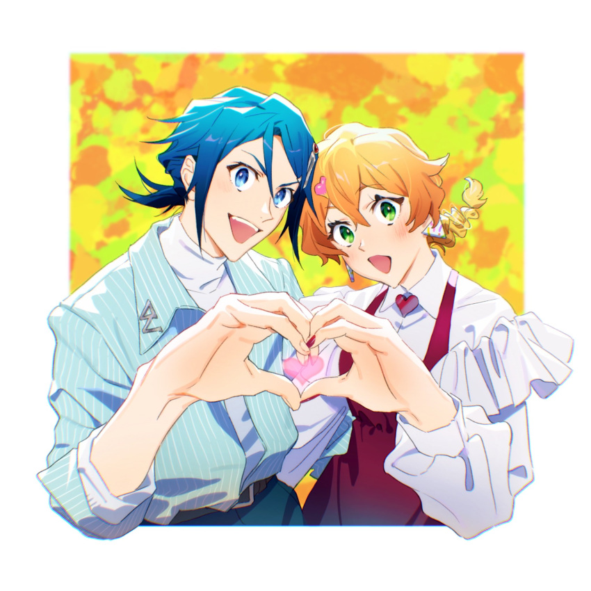 1boy 1girl belt black_belt blue_eyes blue_pants blue_shirt border braid collared_shirt couple dress freyja_wion frilled_shirt frills green_eyes hair_behind_ear hair_ornament hayate_immelmann head_tilt heart heart_hair_ornament heart_hands heart_hands_duo hetero highres looking_at_viewer macross macross_delta mosako open_mouth orange_hair outside_border pants red_dress shirt shirt_tucked_in smile sweater tied_hair white_border white_shirt white_sweater