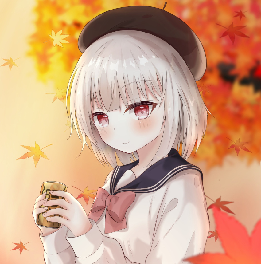 1girl autumn_leaves beret black_headwear black_sailor_collar blurry blurry_background bow can canned_coffee closed_mouth commentary_request depth_of_field georgia_max_coffee grey_hair hat highres holding holding_can leaf long_sleeves looking_at_viewer maple_leaf original pink_bow puffy_long_sleeves puffy_sleeves red_eyes sailor_collar shirt sirotuki_ito smile solo upper_body white_shirt