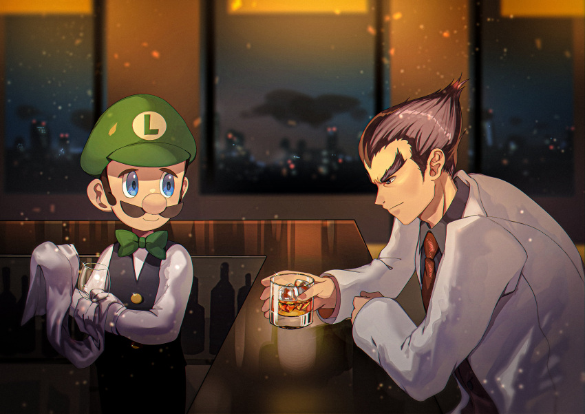 2boys absurdres black_hair brown_hair facial_hair formal gloves hat highres luigi male_focus mario_bros. mishima_kazuya multiple_boys mustache red_eyes ryuu_ga_gotoku scar short_hair smile suit super_mario_bros. super_mario_bros. super_smash_bros. tekken yasaikakiage