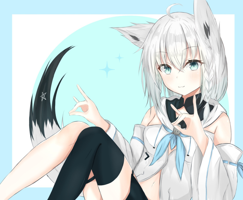 1girl :3 ahoge animal_ear_fluff animal_ears black_legwear black_skirt blue_background blue_neckwear blush braid breasts closed_mouth commentary_request detached_sleeves double_fox_shadow_puppet drawstring feet_out_of_frame fox_ears fox_girl fox_shadow_puppet fox_tail highres hololive knees_up long_sleeves looking_at_viewer navel shirakami_fubuki silver_hair single_braid single_thighhigh sirotuki_ito sitting skirt small_breasts smile solo sparkle tail thigh-highs two-tone_background virtual_youtuber white_background white_sleeves wide_sleeves
