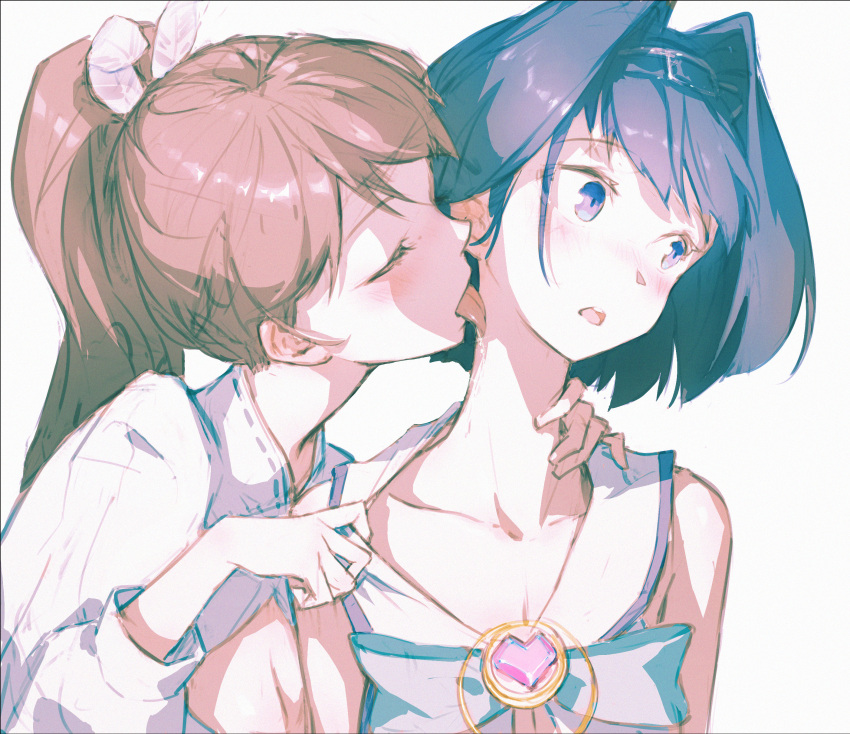 2girls absurdres blush brown_hair closed_eyes collarbone dino_(dinoartforame) highres hololive hololive_english licking licking_neck long_hair multiple_girls nanashi_mumei open_mouth ouro_kronii ponytail short_hair tongue tongue_out yuri
