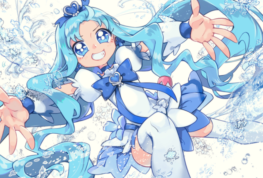 1girl blue_bow blue_choker blue_eyes blue_hair blue_skirt blue_theme bow brooch choker cure_marine earrings flower_earrings grin hair_ornament heart heart_hair_ornament heartcatch_precure! jewelry kurumi_erika long_hair looking_at_viewer magical_girl outstretched_arms pouch precure puffy_sleeves simple_background skirt smile solo spread_arms thigh-highs tkai40 water white_background white_legwear wrist_cuffs